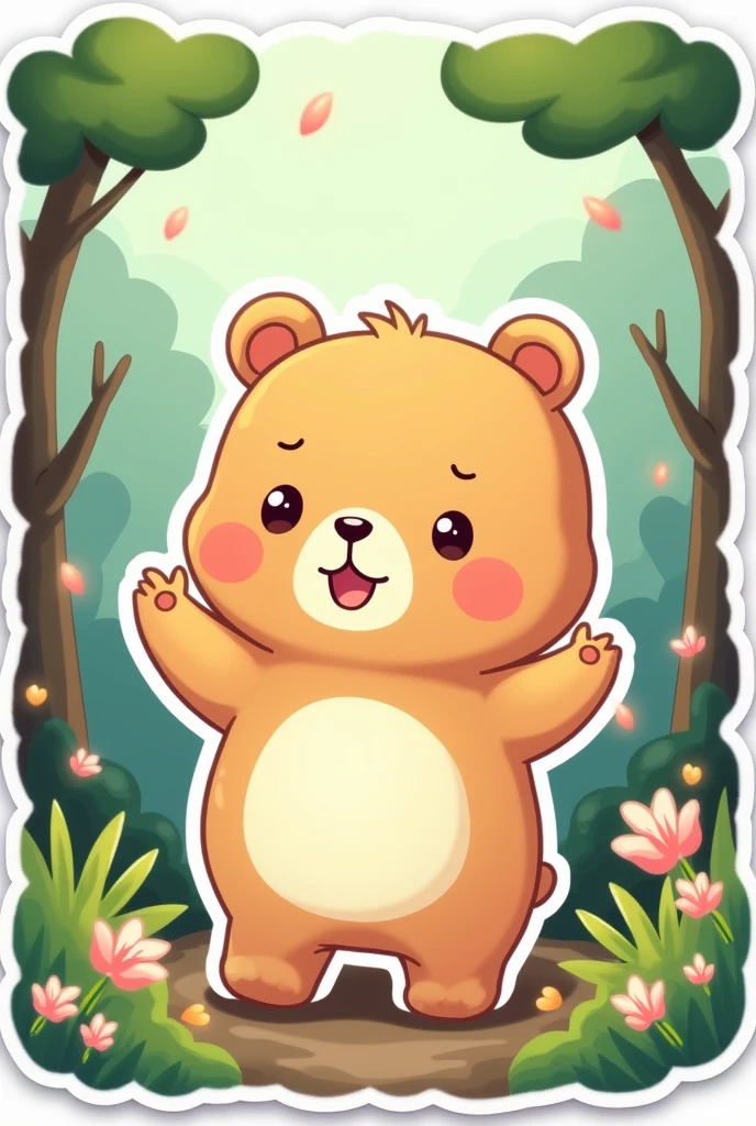 Cute stickers、Small Bear、laughing、in the forest、No clothes on、whole body、Chibi Style、Friendly atmosphere、pastel colour、Flower