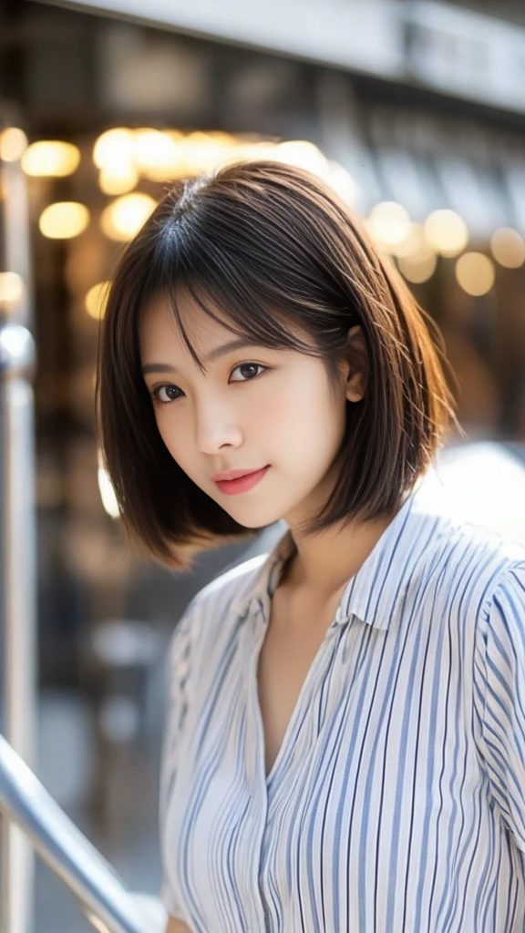 Highest quality、Japanese women、世界一beautifulな美人、beautiful、cute、Brown bob cut hairstyle、Small face、肌がbeautiful、Large breasts、Reality Stick、Blank look、Striped Shirt