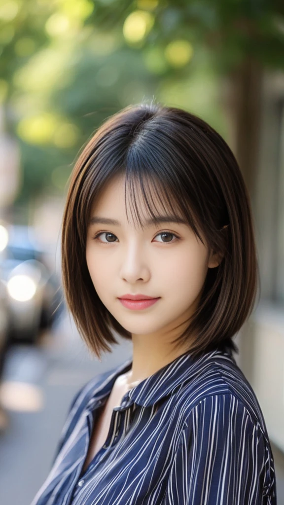 Highest quality、Japanese women、世界一beautifulな美人、beautiful、cute、Brown bob cut hairstyle、Small face、肌がbeautiful、Large breasts、Reality Stick、Blank look、Striped Shirt