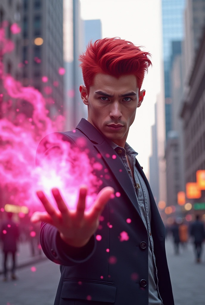 Create a 25 year old red haired guy with pink telekinesis powers