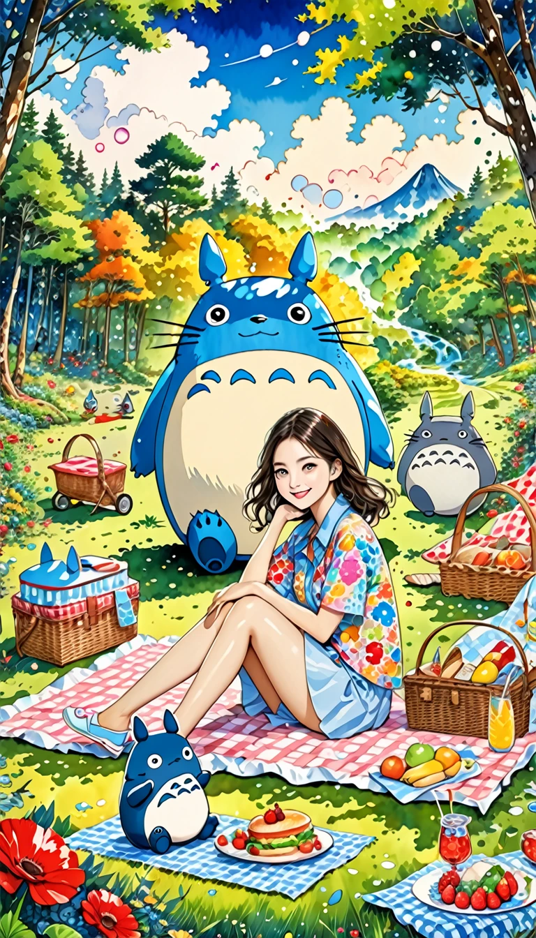 Takashi Murakami Style、(((stylish fashion))), 8K Quality、Intense watercolor, Detailed watercolor art, Watercolor splash, Surreal, avant-garde pop art, Beautiful and expressive paintings, Beautiful artwork illustration, Very colorful tones, wonderful, Cool beauty, highest quality、Official Art, Vector art, Stylish design, ((Totoro Forest)),(((The most beautiful smiling girl))), (((picnic))), (((highest quality))), HDR, ((detailed)), (((Doodle Art)), ((masterpiece)), ((Super detailed)), (((Stylish))),