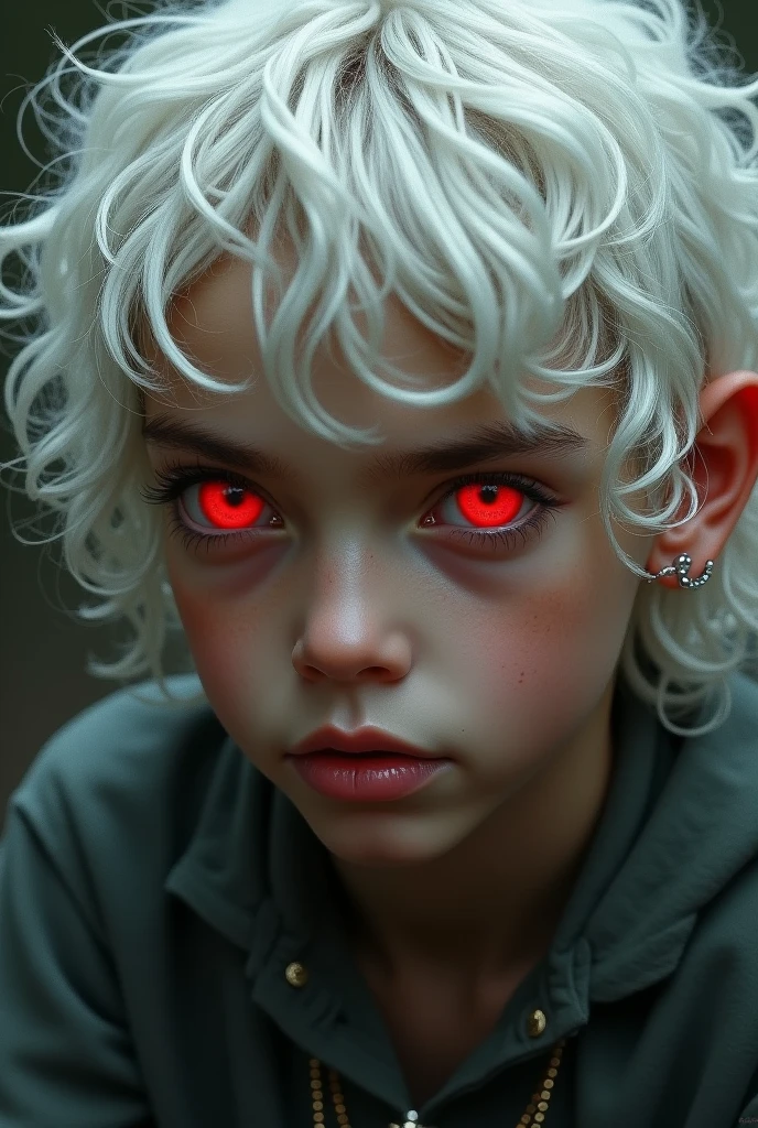 A boy with white curly hair which arr long and red eyes with tanned skin along with a white earing on his ear