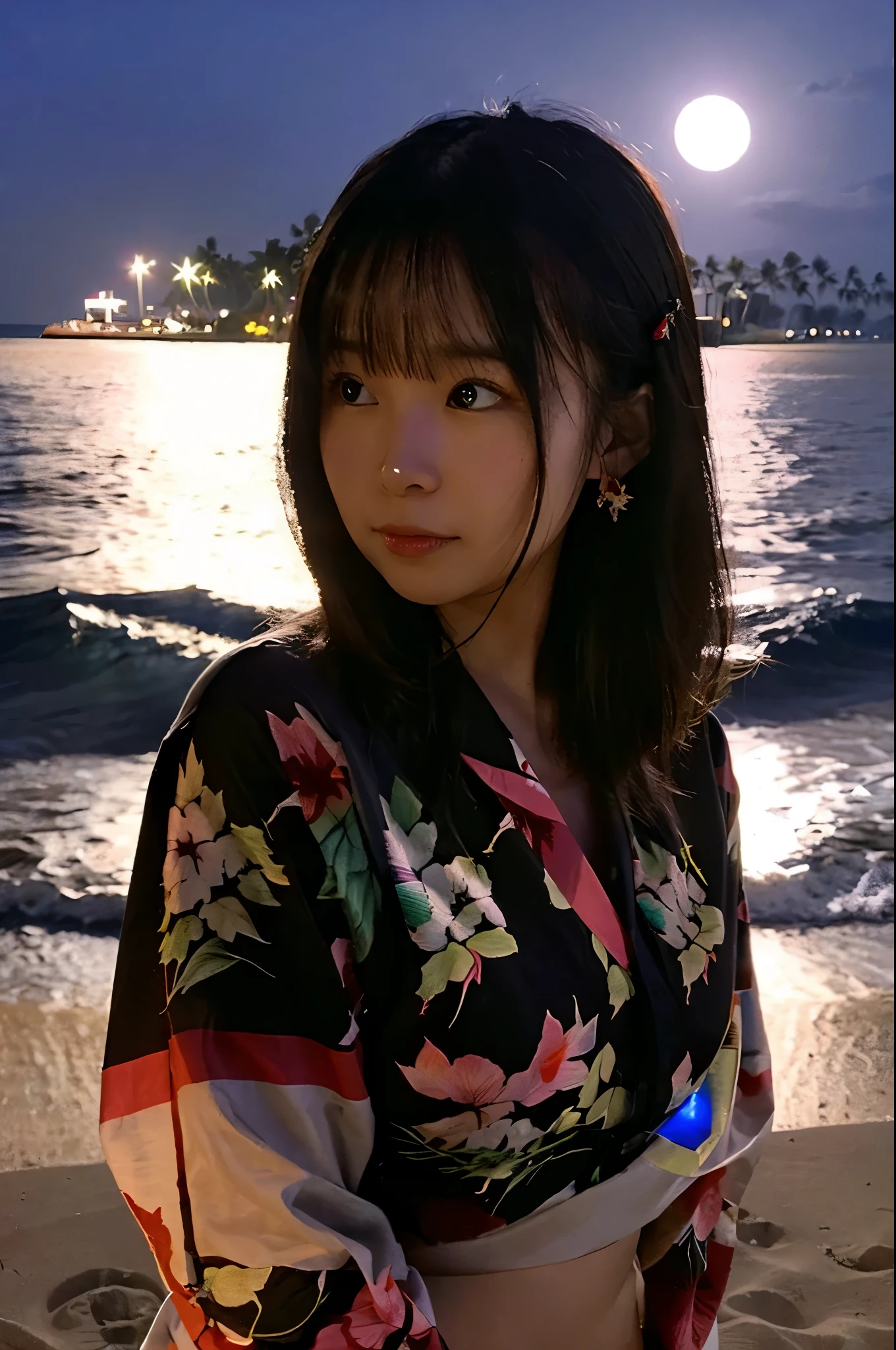 the light of the full moon.Woman standing on the beach at night、I look lonely、Long black hair、hawaiian clothes、She is wearing a hibiscus hair accessory、