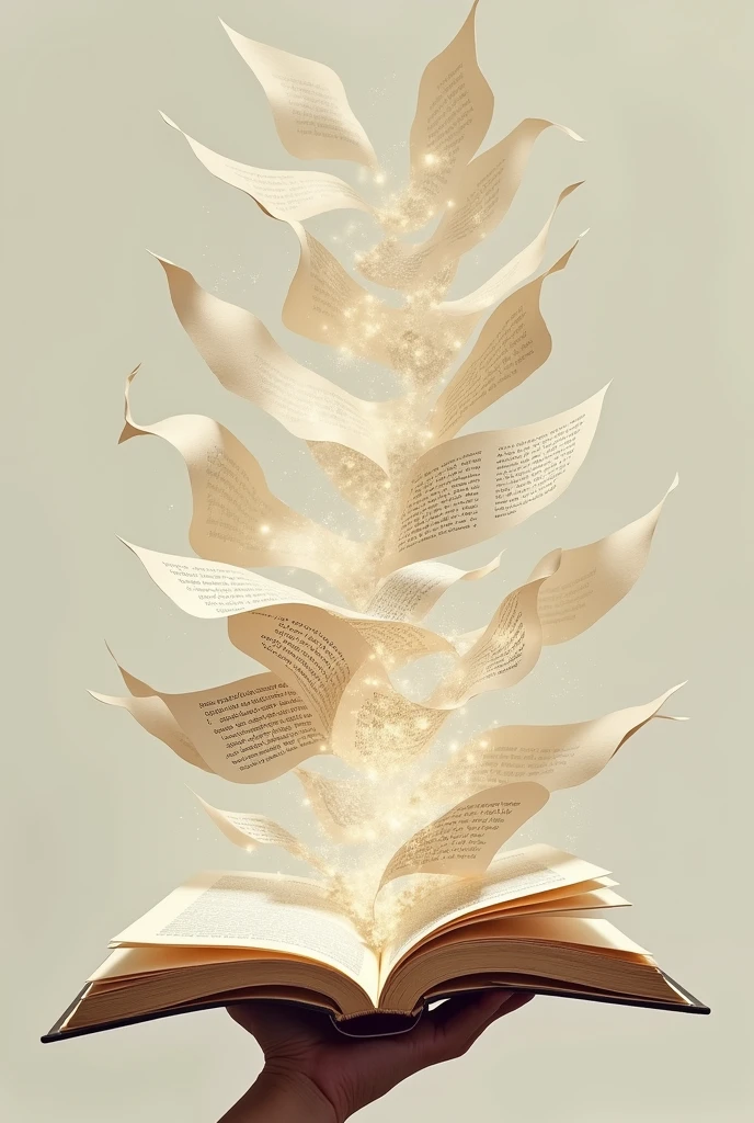 Image of an open book, with several pages flying around, all containing loose and free words, without chains or restrictions. No fundo, a hand extended towards the book, symbolizing the fight for freedom of expression and the dissemination of knowledge through words.