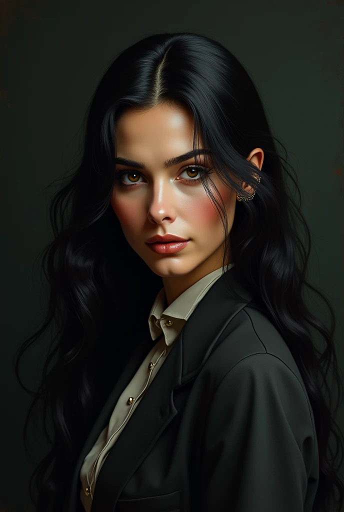 Hyperrealist portrait of Monica Bellucci by David Hockney and Alphonse Mucha, Fantasy art, Photorealistic, Dynamic Lighting, Art Station, Poster, Volumetric lighting, Highly detailed face, 4k yen, Awards,, One girl, In the Dark, Deep Shadow, Modest,Cowboy Shot, (Official attire:1.4) ,Long Hair, Black Hair