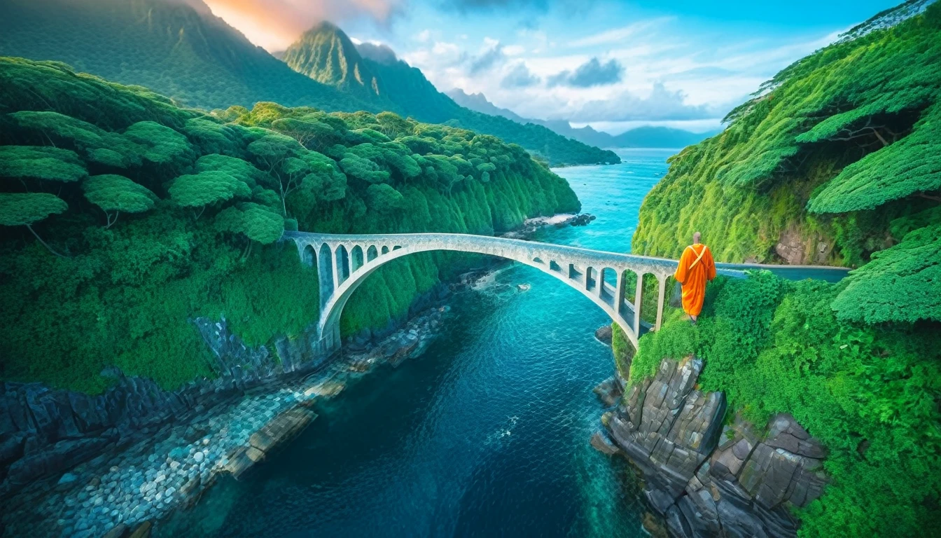 A bird's eye view, a huge gap over the ocean, a man in a bright orange robe walking on a bridge, sparks of light in the air, An open ocean shore, majestic mountains on the sides, a symmetrical beautiful stone bridge over the ocean, a stone bridge created by nature itself, a stone bridge in the shape of a human hand, a stone bridge overgrown with greenery and bushes, very beautiful illustration, Rich in Detail and Color, (Iridescent: 1.2), (Glow, Atmospheric Lighting), Dreamy, Magical, (Solo: 1.2) dreamy, ethereal, ultra-detailed, Strong contrast, Good depth of field, 8K wallpaper, Masterpiece, Aesthetic illustration in realistic style, best quality, natural light, high res, highly detailed. At its base is a house, its lights glowing in the dimness of the tropical forest gloom, lights hang in the air, ethereal and mystical, magical atmosphere, beautiful and dreamy, fantasy style, dreamlike fantasy art, Photorealistic drone photo of a mountain slope, All the colors and materials in this work are very harmoniously combined