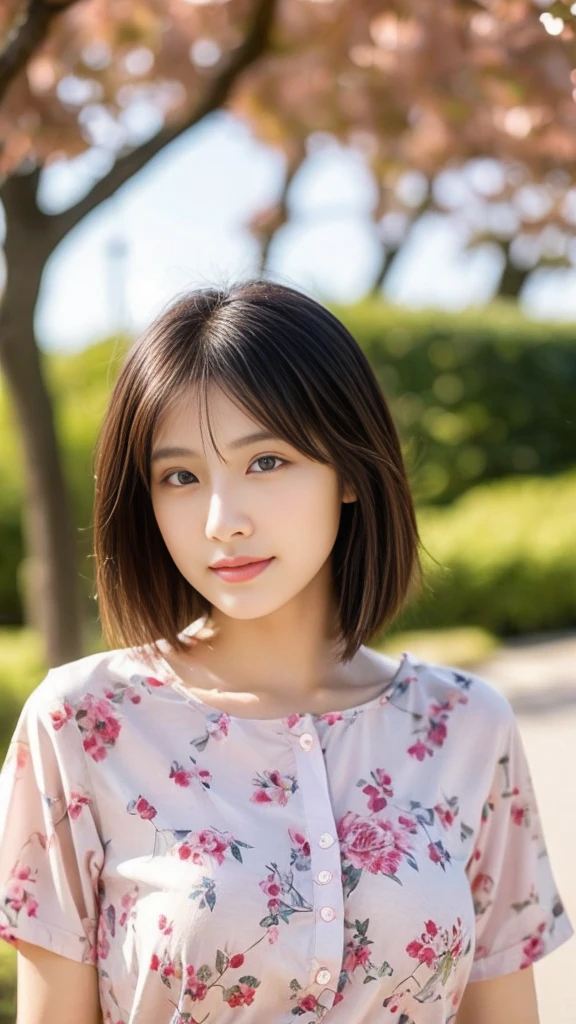 Highest quality、Japanese women、世界一beautifulな美人、beautiful、cute、Brown bob cut hairstyle、Small face、肌がbeautiful、Large breasts、Reality Stick、Blank look、Floral shirt and skirt