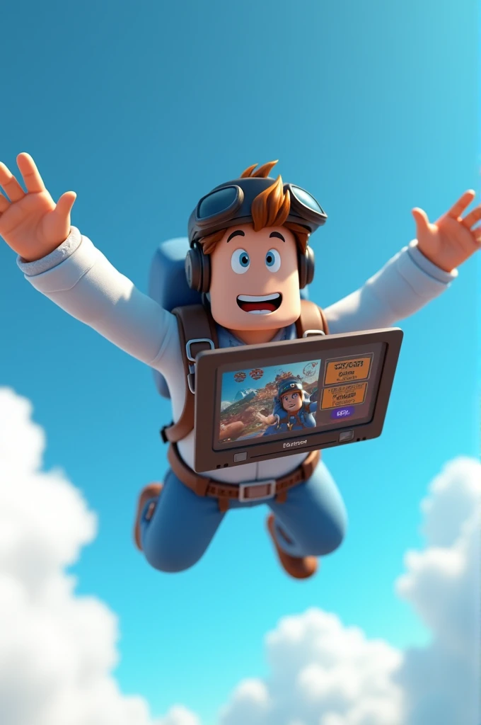 A man playing roblox im computer while skydiving, cartoon, 3d