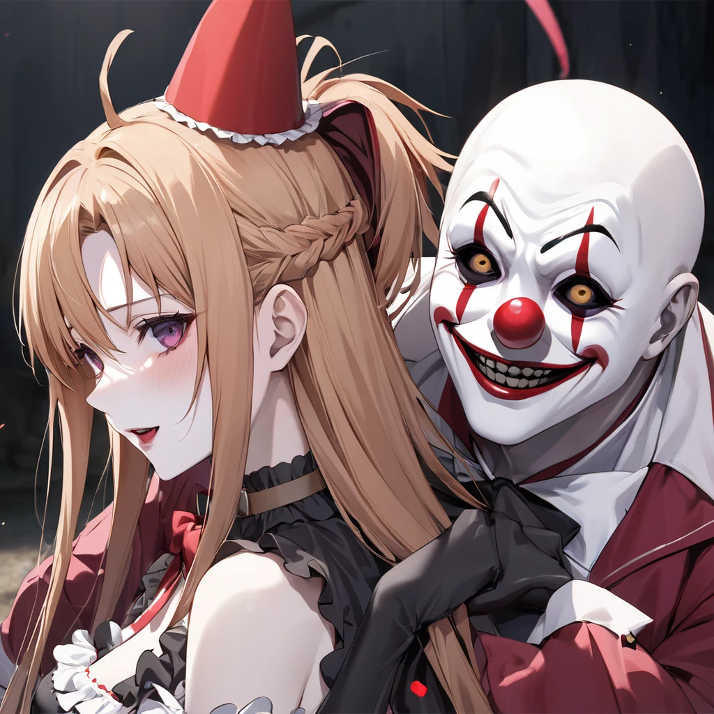 ((Highest quality)), ((masterpiece)), (detailed), (Perfect Face)、((The woman is Yuuki Asuna, with light brown, medium-long hair, pure white skin, and a creepy clown mask.))、The woman is a creepy, evil clown wearing a risqué black rubber V-neck leotard outfit, long black rubber boots, long black rubber gloves, lots of frills and clown decorations, a clown collar, a clown jester hat, a swallowtail skirt, and creepy clown makeup on her face and a red nose.、The woman is a creepy, evil, lewd clown who is a minion of an evil organization.、The woman and the ringmaster Pierrot become a couple, and they embrace and kiss and have sex.