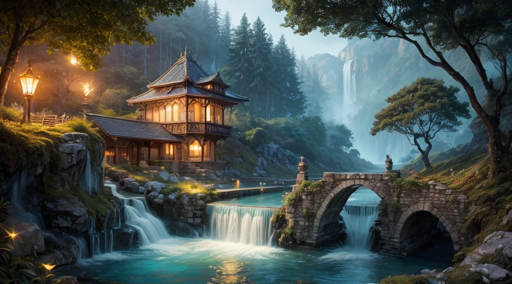 A bird's eye view, a huge gap over the ocean, a man in a bright orange robe walking on a bridge, sparks of light in the air, An open ocean shore, majestic mountains on the sides, a symmetrical beautiful stone bridge over the ocean, a stone bridge created by nature itself, a stone bridge in the shape of a human hand, a stone bridge overgrown with greenery and bushes, very beautiful illustration, Rich in Detail and Color, (Iridescent: 1.2), (Glow, Atmospheric Lighting), Dreamy, Magical, (Solo: 1.2) dreamy, ethereal, ultra-detailed, Strong contrast, Good depth of field, 8K wallpaper, Masterpiece, Aesthetic illustration in realistic style, best quality, natural light, high res, highly detailed. At its base is a house, its lights glowing in the dimness of the tropical forest gloom, lights hang in the air, ethereal and mystical, magical atmosphere, beautiful and dreamy, fantasy style, dreamlike fantasy art, Photorealistic drone photo of a mountain slope, All the colors and materials in this work are very harmoniously combined