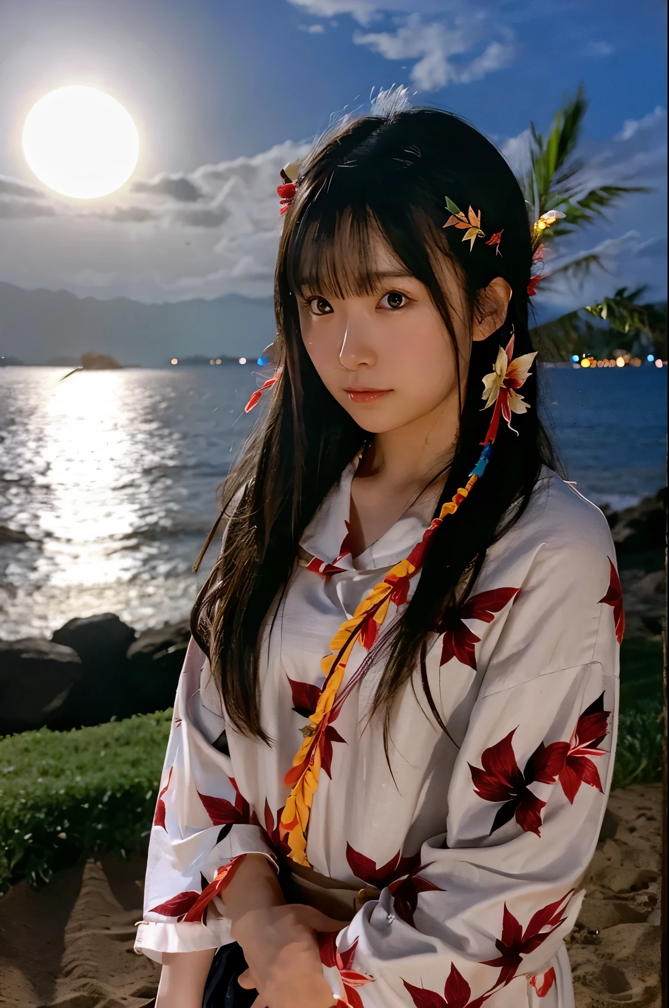  the light of the full moon.Woman standing on the beach at night、I look lonely、Long black hair、hawaiian clothes、She is wearing a hibiscus hair accessory、