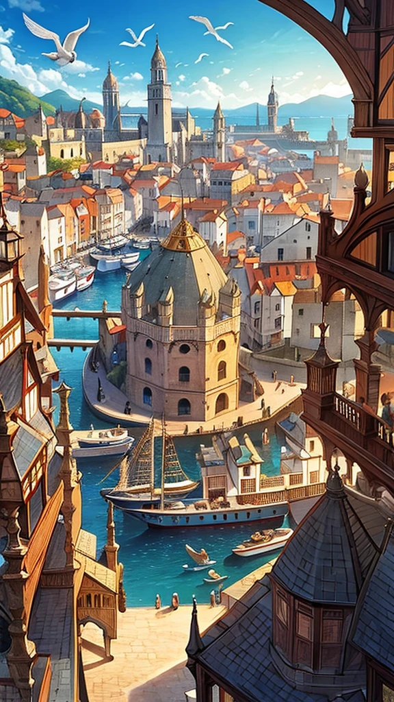 A detailed illustration of a bustling medieval port city with numerous ships docked, inspired by Renaissance maritime paintings, featuring intricate architectural details, vibrant market stalls, seagulls soaring overhead, daylight