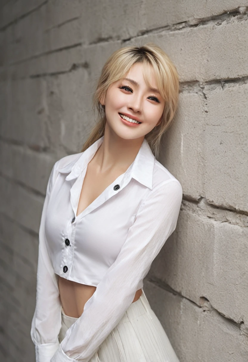A beautiful girl, blond hair, medium hair, gray eyes, (huge breasts:1.6), Great abs.
//facial expression, (very embarrassed face:1.2), (open mouths:1.1), (half open eyes:1.2), 
//posture, standing, (cover breasts with hands:1.6),
//fashion, white-collar shirt, Unbuttoned White-collar shirt with all buttons undone, black_lace bra, 
//fetish,
//background, daytime, High brick walls,

//quality, Realistic photograph, (best quality:1.5), (hyper-realistic:1.2), (high resolution:1.5), (Cinematic Lighting:1.2), upper body shot, RAW photo, (4k. 8k precision image), detailed textures, sharp focus,ultra-detailed,