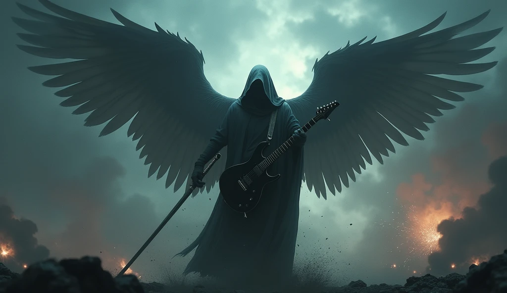 realisitic, 4K, A fallen angel with big wings, a sword, electric guitar in his hand, a hood over the head on the background image of a dark night war (haos)