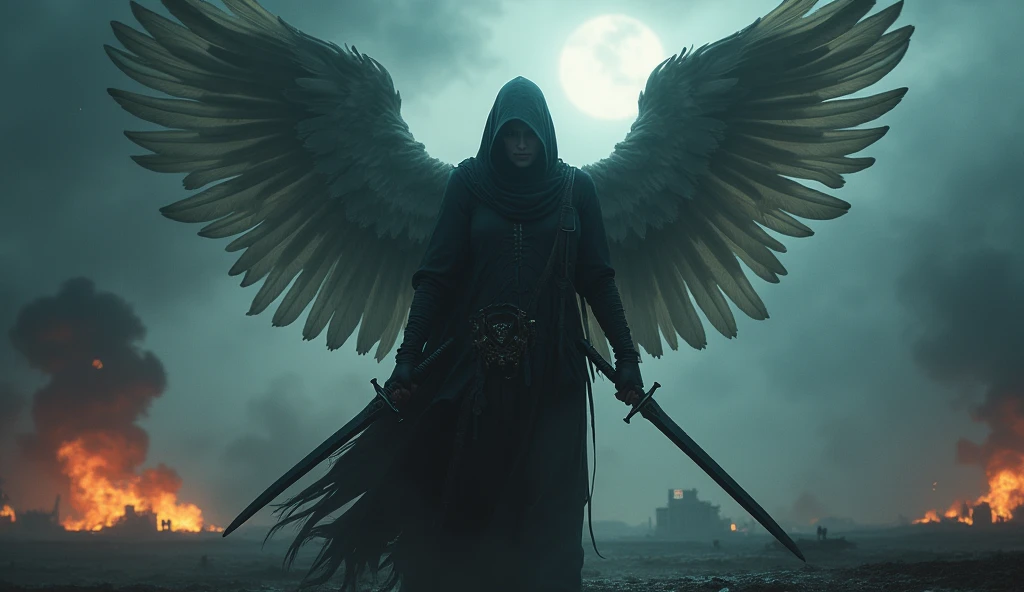 realisitic, 4K, A fallen angel with big wings, a sword, electric guitar in his hand, a hood over the head on the background image of a dark night war (haos)