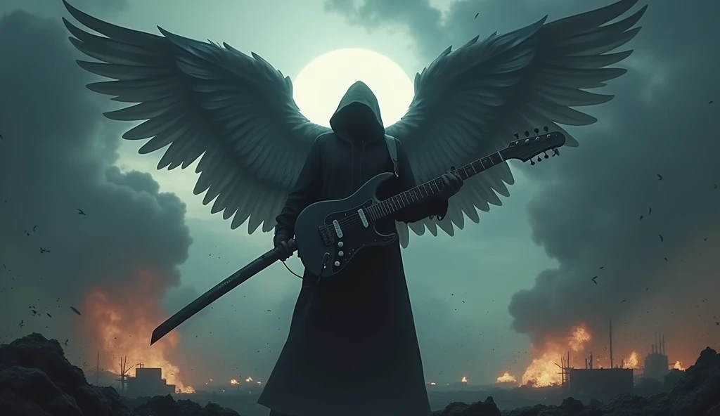 realisitic, 4K, A fallen angel with big wings, a sword, electric guitar in his hand, a hood over the head on the background image of a dark night war (haos)