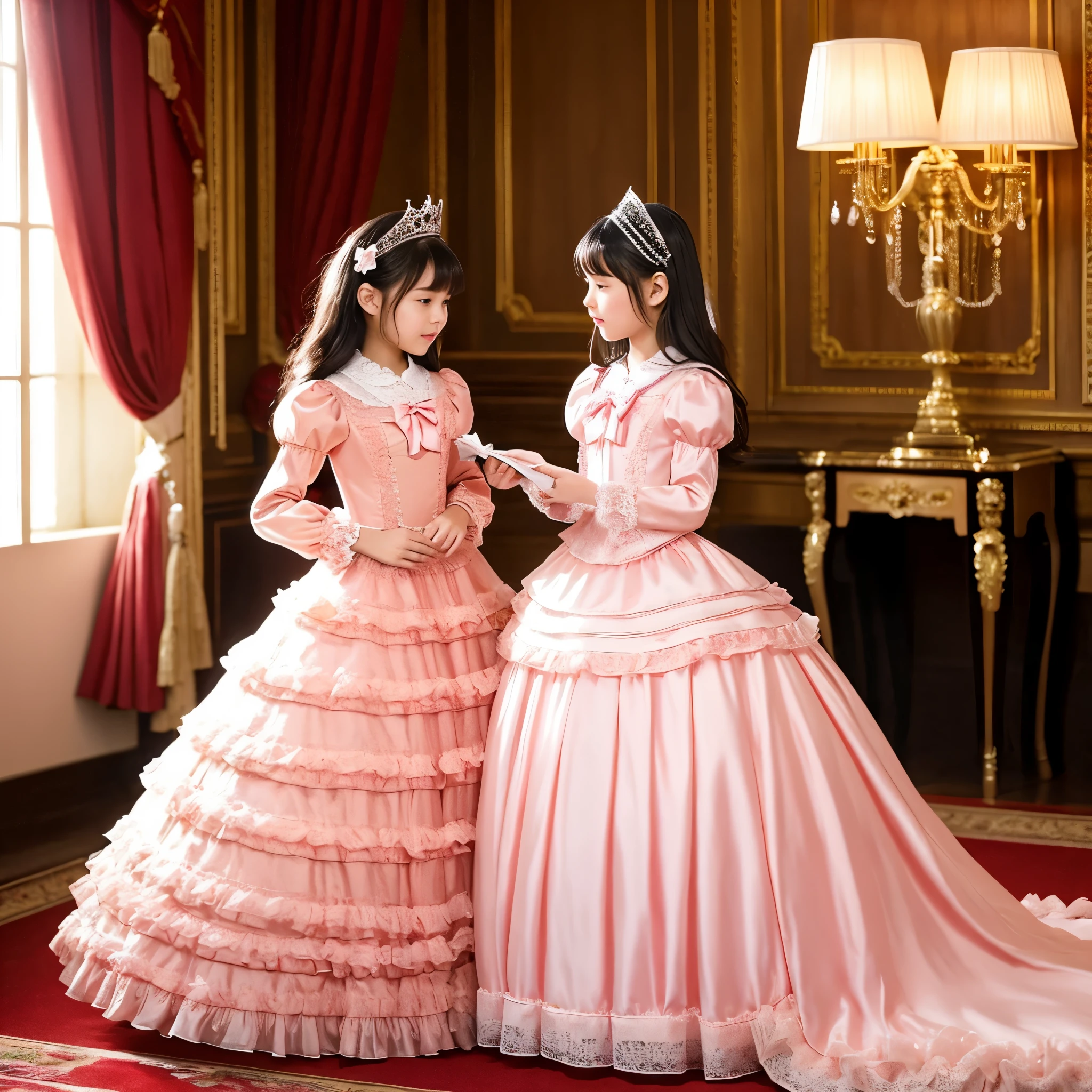 highest quality, masterpiece, highest resolution, artwork, super それにget used to it, many get used to it, get used to it, それにget used to it, woman, 10 years old,the two girls are princesses,pink victorian voluminous ball gown dress,long sleeve,long dress,A dress with lots of frills and ribbons..,luxury,Tzu-kiss,inside the palace bedroom,A luxurious canopy bed in the back,