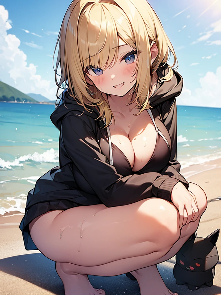 (Masterpiece, Top quality:1.5), nsfw, from side:1.2, (1 beautiful girl, solo:1.2), squatting down, (Blonde:1.3), medium Hair, wavy Hair, asymmetry bangs, swept bangs, airy hair, (large breasts:1.2), 14 year old, (hoodie, bikini :1.3), smile:1.3, blush, beautiful scene of seaside, magnificent panorama view, blurry background open mouth, wet