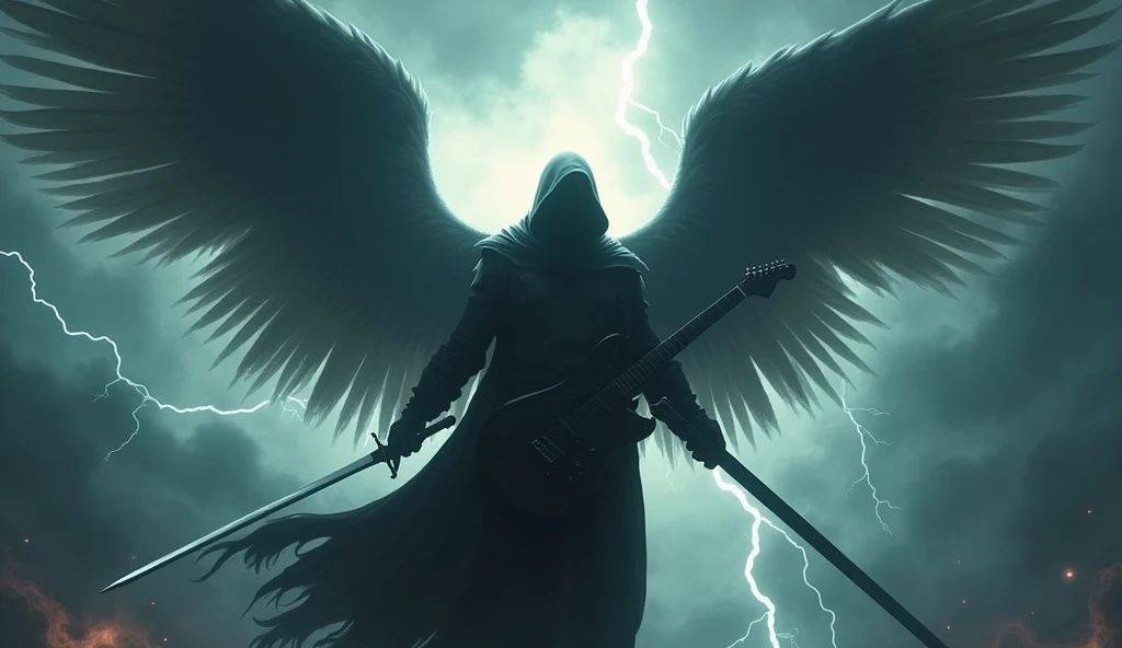 realisitic, 4K, A fallen angel with big wings, a sword, electric guitar in his hand, a hood over the head on the background image of a dark night war (haos)