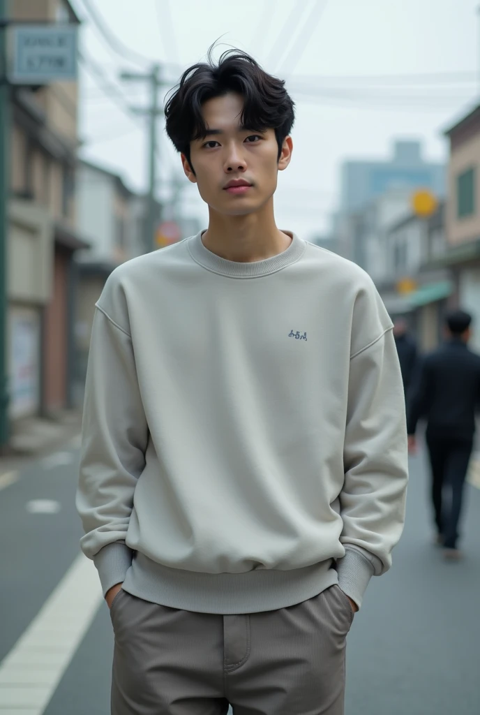 23 years old Japanese male university student Hairstyle parted in the center I can see your forehead Simple Outfit color of clothing(monotone) Full body photo(So that you can see your feet) Photo from a distance place(Urban city)