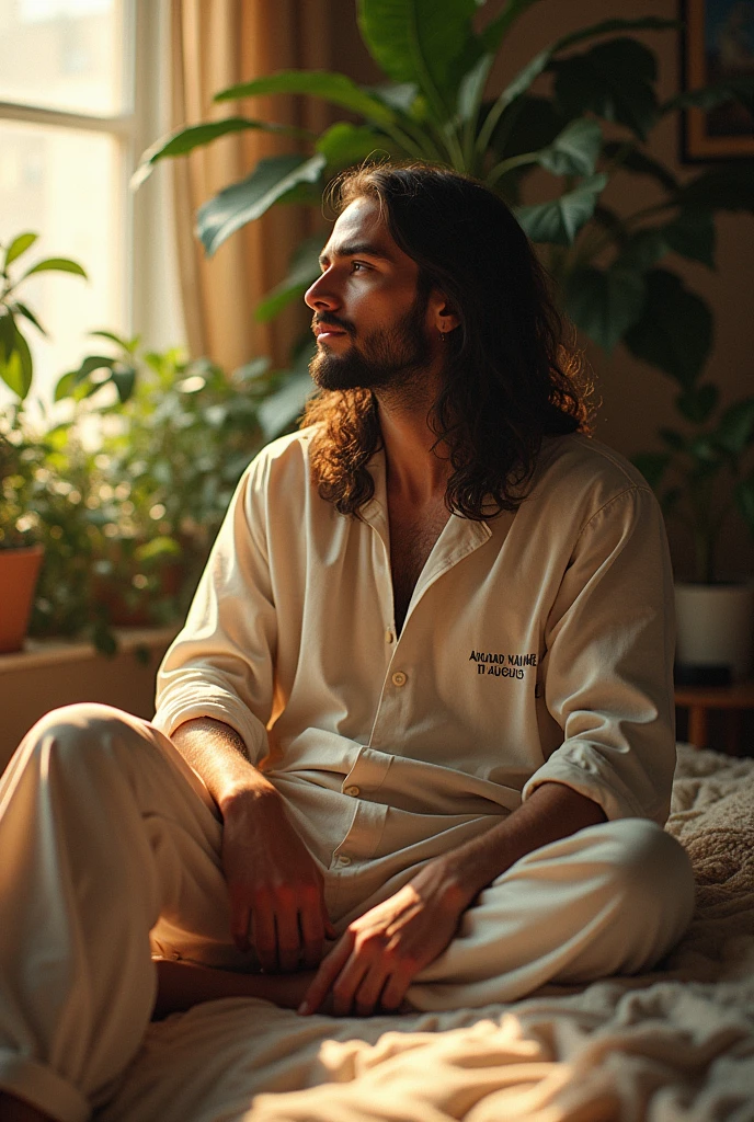 (photorealism:1.2), beautiful man, sitting on bed, wearing ahmad name 14 august shirt , pajama troser, long  hair, indoors, soft lighting, plants in background, window with sunlight, cozy room, relaxed pose, realistic, intricate details, warm colors, by Greg Rutkowski, by Alphonse Mucha