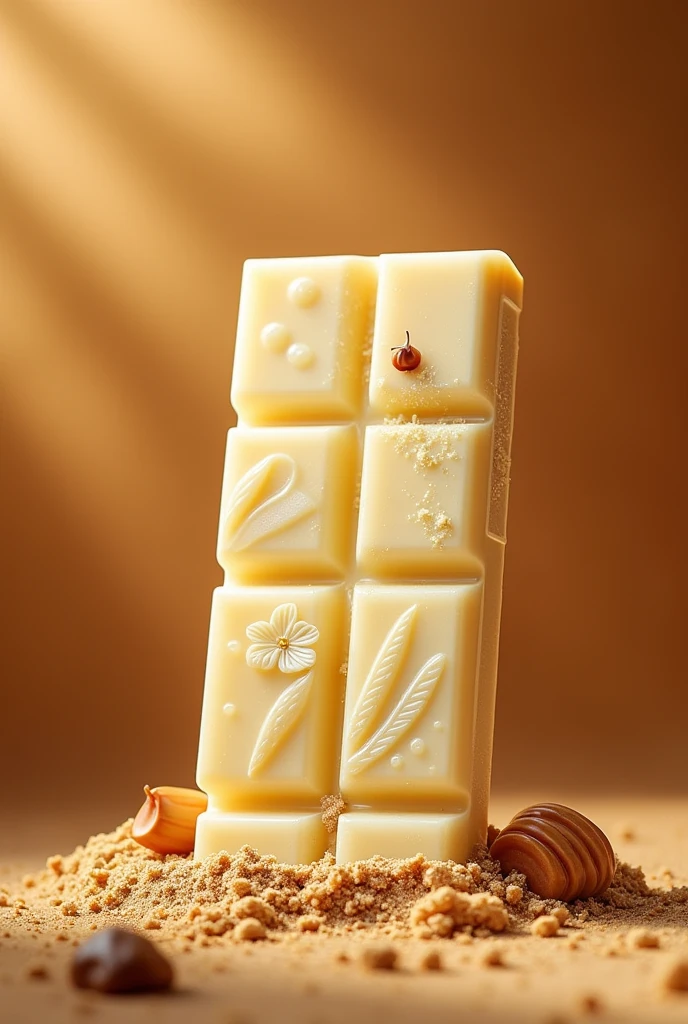Based on Hershey's Ovomaltine chocolate packaging, create packaging in the same format as the packaging for this product, but with white chocolate and ovomaltine soon. It has to be very indulgent and bring the colors of Ovolmaltine