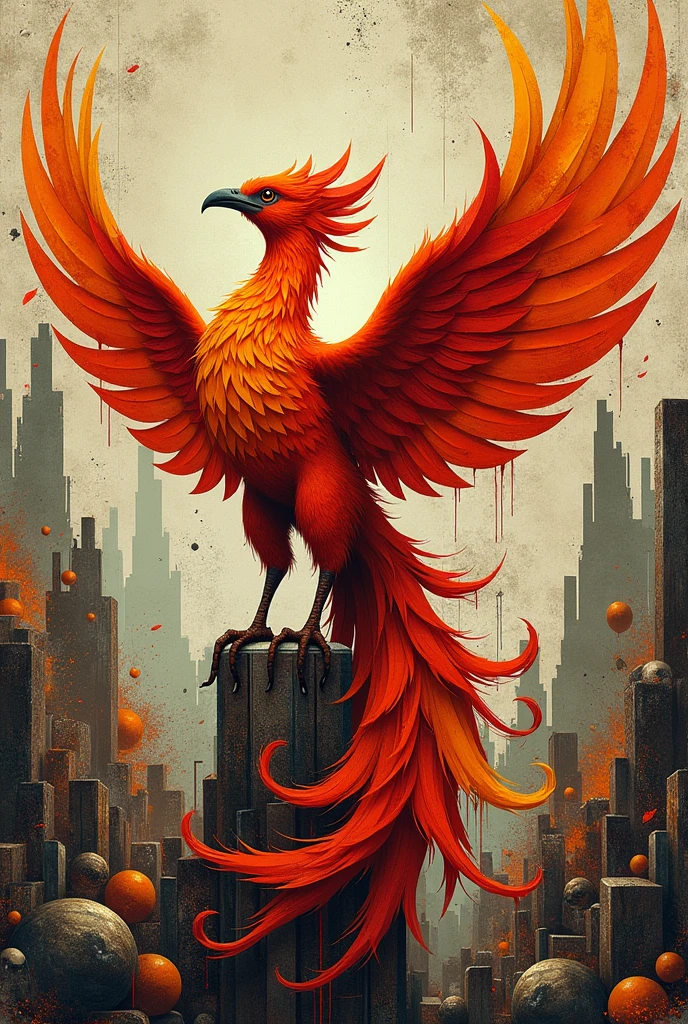 a phoenix in trash polka style, with geometric patterns, rustic textures and typography