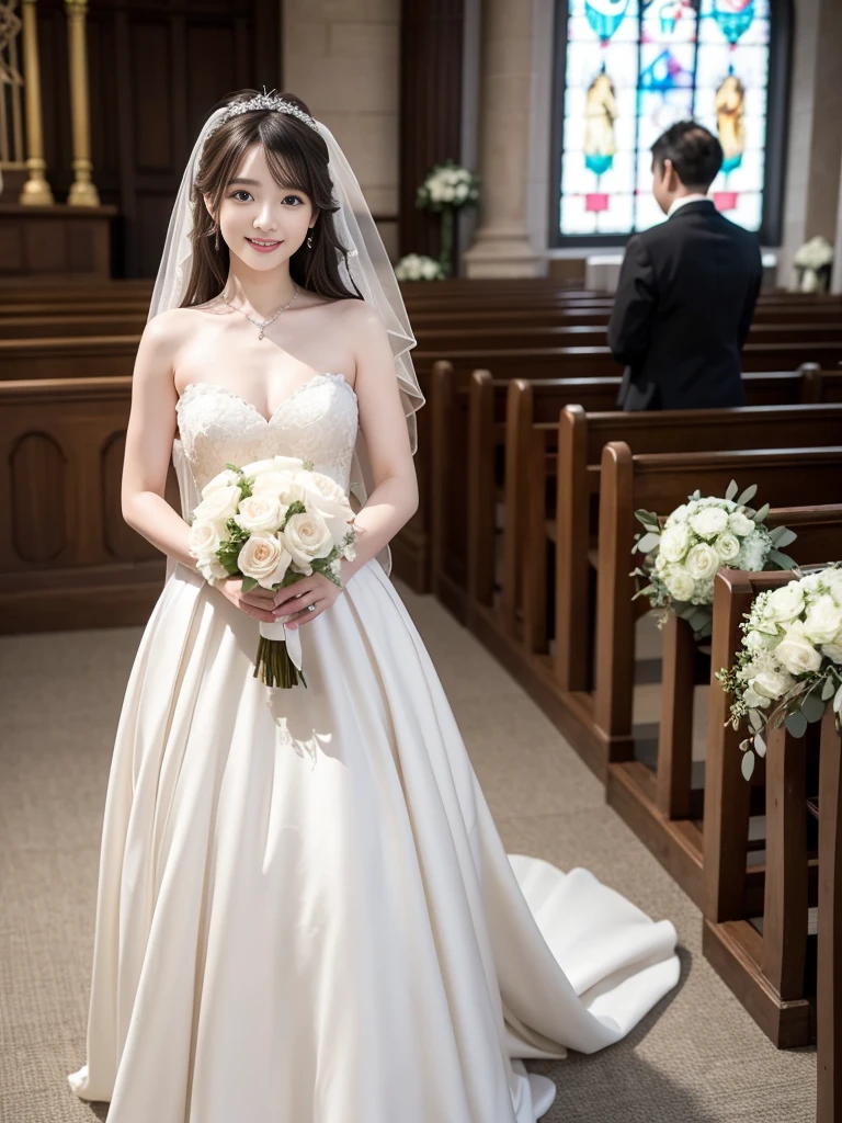 Photo-realistic quality、a woman in a Wedding dress holding a bouquet of flowers、Standing in front of the church、20 year old Japanese model、白のWedding dress,Hanae Mori style wedding dress、Japan idols at 20 years old、lace prom dresses、looking at the camera、Detailed and beautiful eyes、Cute smile、Relaxed and gentle expression、holding a bouquet, Wedding dress, So magical and dreamy、35ｍｍ Lens aperture F2.Shot at 8、Full body photo、From head to toe、A long, wide wedding dress that covers the feet、Narrow waist