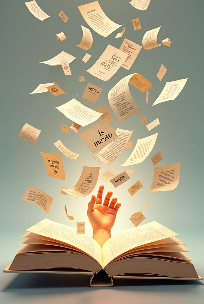 Image of an open book, with several pages flying around, all containing loose and free words, without chains or restrictions. No fundo, a hand extended towards the book, symbolizing the fight for freedom of expression and the dissemination of knowledge through words.