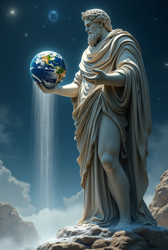 Une statue de dieu grec tient la planète terre dans sa main et verse du sel dessus. Il est dans l'espace