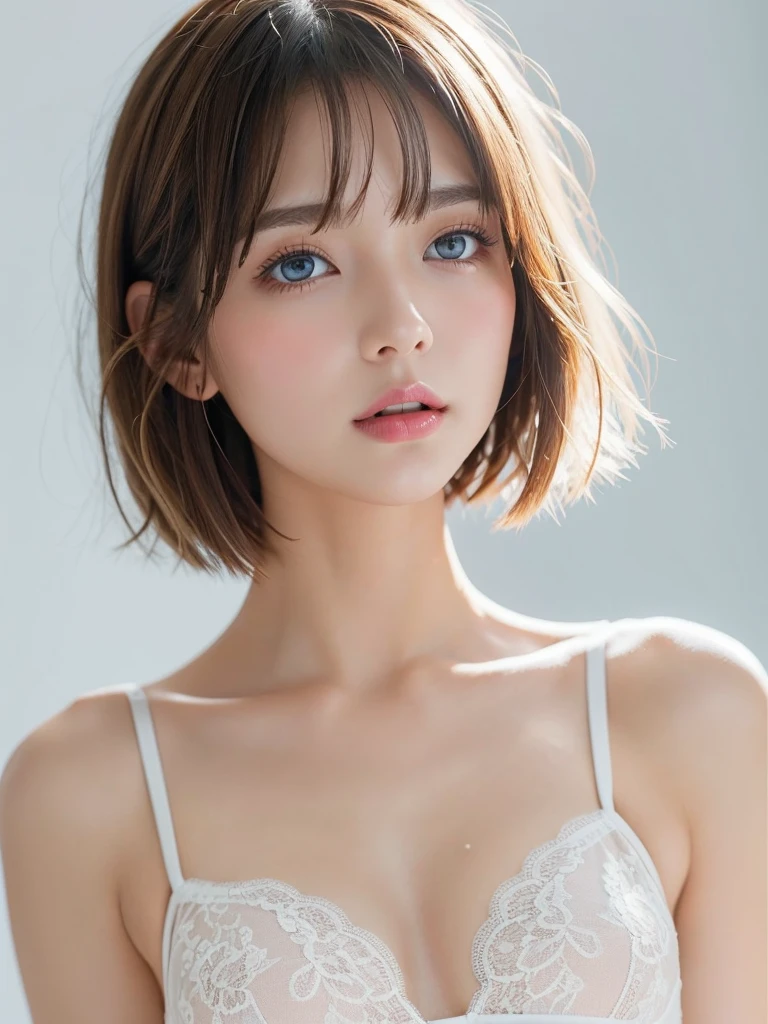 watercolor sketch of beautiful female, looking at camera, centered portrait head and shoulders, beauty, slim perfect face, natural look, playmate, short bob ginger, supermodel , color sketch, freckled skin, greenish gray eyes, archaic smiling, see-through dark pink lace brassiere, in photo studio