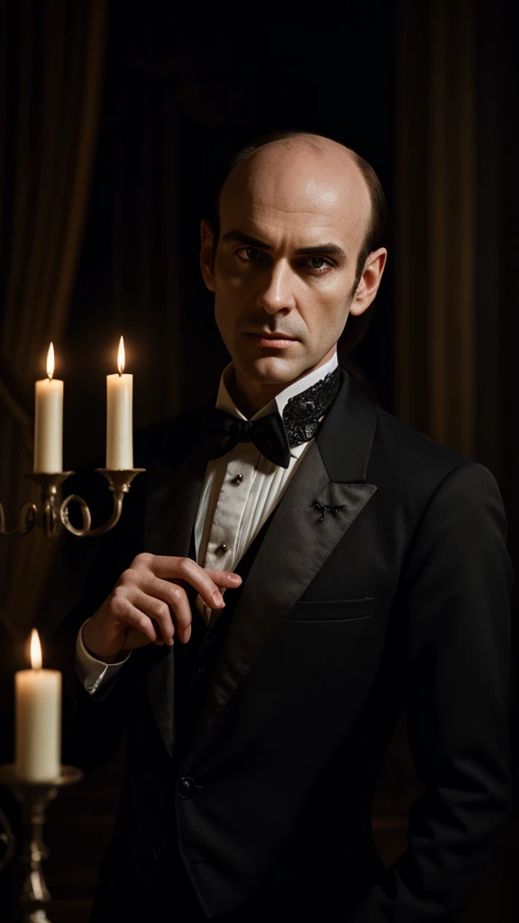 a creepy butler with long thin wispy balding hair, dennis ohare, detailed face,detailed eyes,detailed lips,detailed nose,elegant and formal butler outfit, holding a silver tray, dimly lit gothic mansion interior, moody lighting, dark and gloomy atmosphere, cinematic composition, photorealistic, 8k, high quality, masterpiece