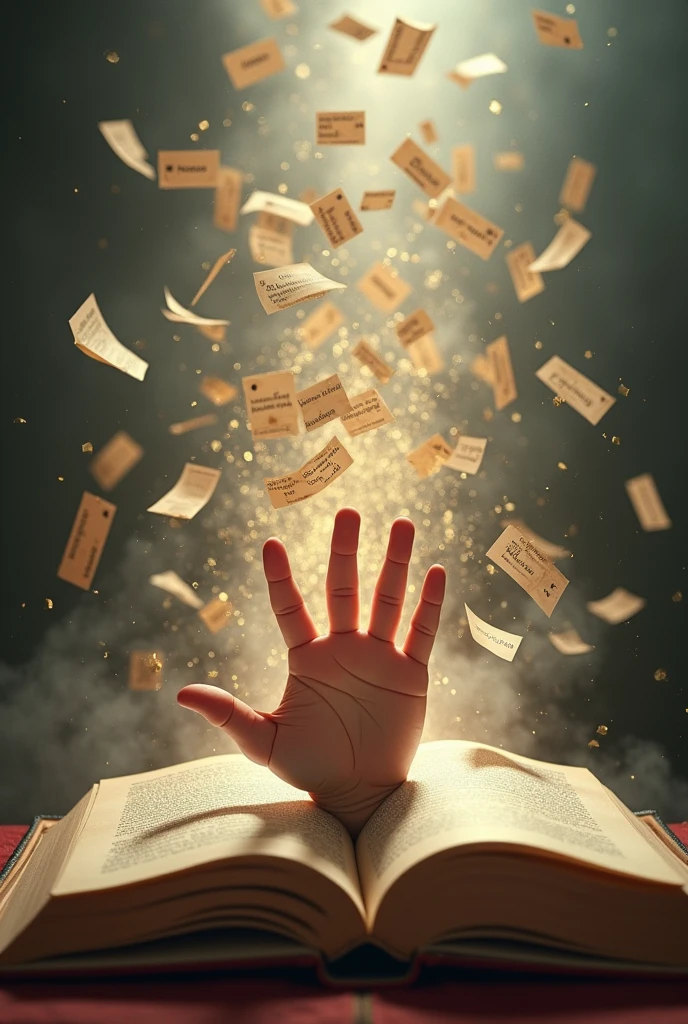 Image of an open book, with several pages flying around, all containing loose and free words, without chains or restrictions. No fundo, a hand extended towards the book, symbolizing the fight for freedom of expression and the dissemination of knowledge through words.