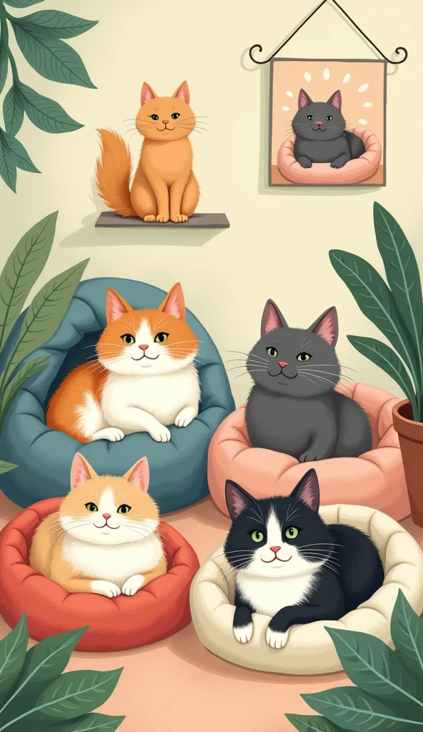 A whimsical illustration of cats lounging around in various cat beds, with colorful wall art and plants adding to the playful atmosphere. The background features pastel-colored walls adorned with vintage-inspired artwork., focus on face