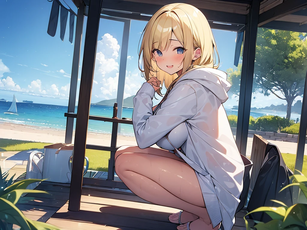 masterpiece,1girl, cleavage cutout, white_shirt,(t-shirt), short shorts, outdoors,