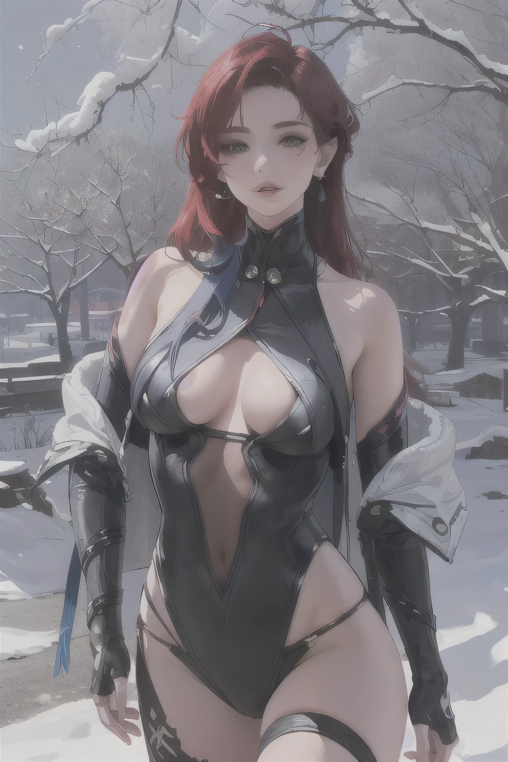 a beautiful, extremely detailed young woman, 1girl, wearing a revealing swimsuit, in a snowy landscape, posing seductively with her tongue out, (best quality,4k,8k,highres,masterpiece:1.2),ultra-detailed,(realistic,photorealistic,photo-realistic:1.37),stunning detailed face, piercing eyes, luscious lips, long eyelashes, flawless skin, elegant pose, high fashion, dramatic lighting, cold winter atmosphere, snow-covered trees, overcast sky, moody colors, cool blue tones