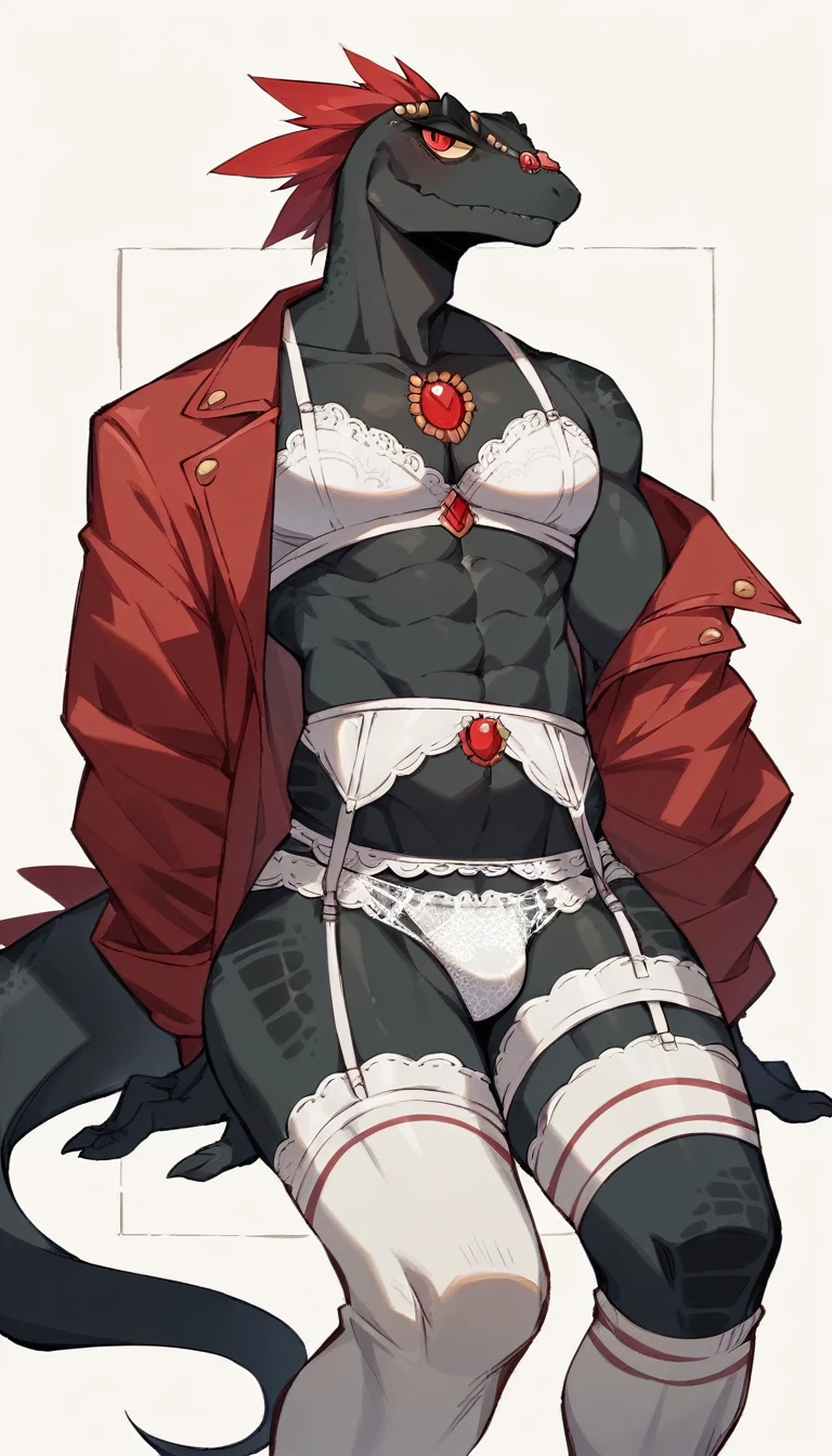 One person、(((Lizard man wearing white lace underwear with red jewels)))、middle aged、Stubble、Skinhead、Red Mage、masterpiece、Highest quality、Black body、Sharp Eye、Lace fabric bra、Knee-high socks、garter belt、Long, thin tail、Red jacket、Arena background、holding a rapier、Action composition、hat