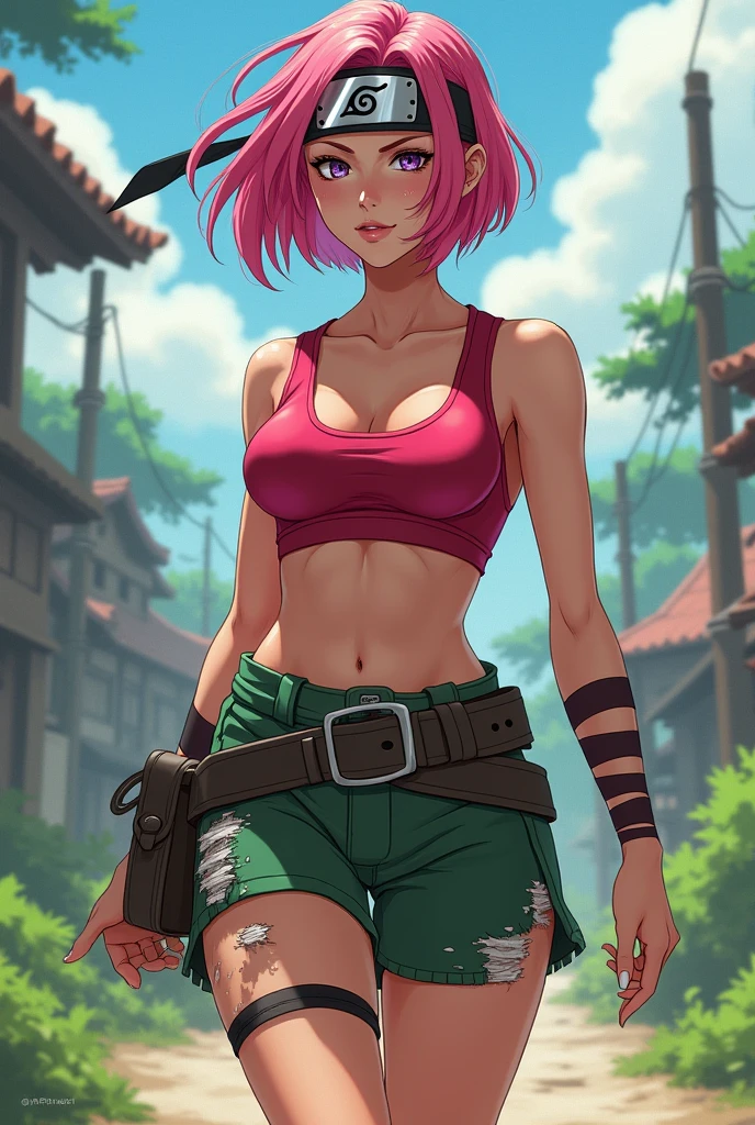 A woman with short pink hair reaching her neck, Wear a blood red crop top and a ripped skirt., Green shorts over, And the Konohagakure headband, Walk to Kumogakure Village.