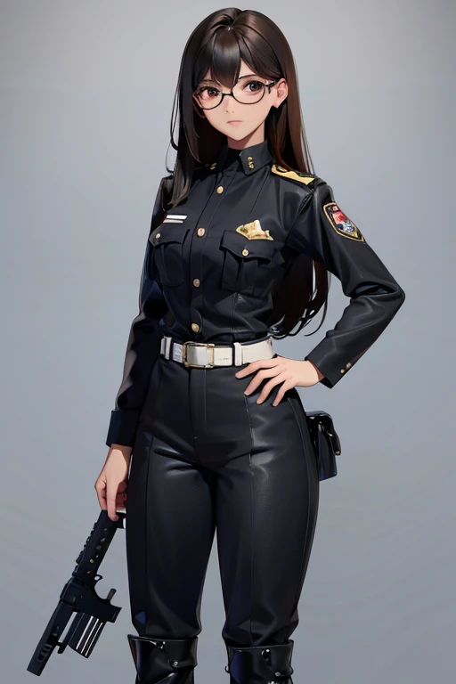 long black dark straight hair with bangs girl, 19 years old, officer black uniform, glasses, brown skinned,different poses