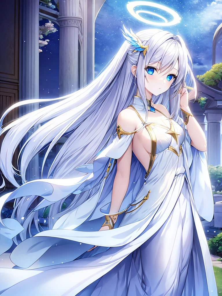 Anime, angel girl, 18 years old, pale skin, blue eyes, white hair, Halo over the head, small breasts, modest white clothes