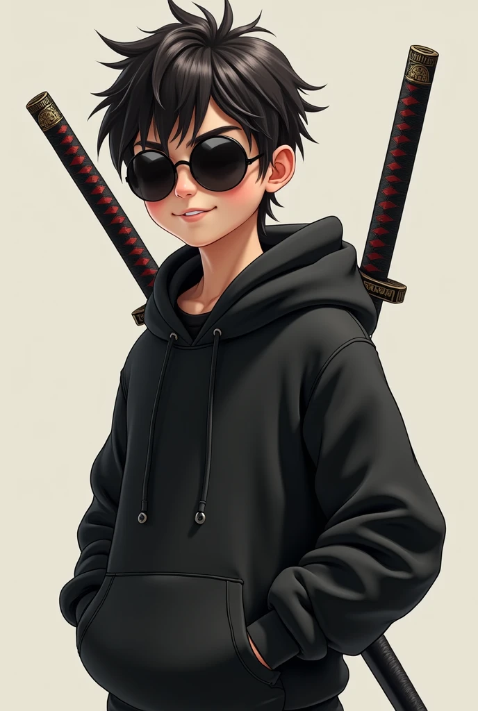 Make a realistic cartoon character with ( black hoddie) wearing crown round black shade glasses & holding katana in back with smiling