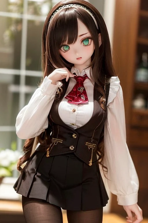 (SFW:2), photorealistic, realistic photo, 8k, ((highest quality)), ((masterpiece)), (extremely detailed), kukolnydom, doll, (mature woman, 21yo, 21 years old, solo:1.6), ((cowboy shot, contrapposto, slim, slender, skinny, medium breasts, hairband, ascot, vest, blouse, long puff sleeves, pleated skirt, black pantyhose)), (green eyes, brown hair, long hair, plastic skin, looking at another, glass eyes, gradient eyes, shining eyes, detailed eyes:1.3)