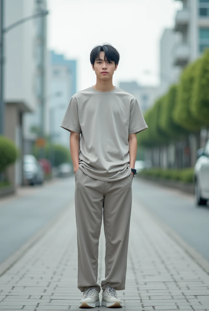 23 years old Japanese male university student Hairstyle parted in the center I can see your forehead Simple Outfit color of clothing(monotone) Full body photo(So that you can see your feet) Photo from a distance place(Urban city)