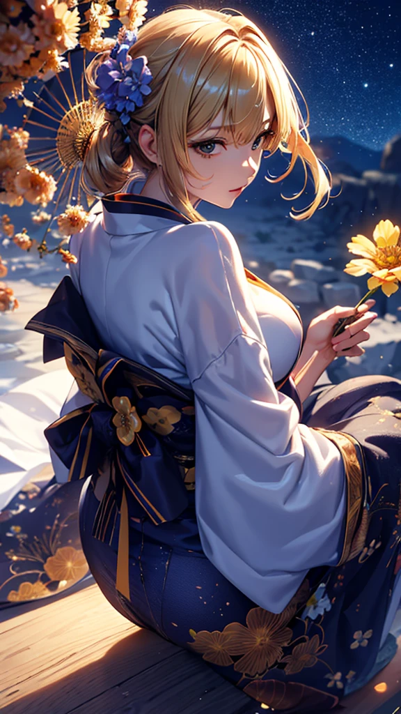 masterpiece, high quality, 4K, Beautiful design, silhouette,blonde, 非常に詳細な夜のStarry Sky,Flower Field, wonderful, Finer details, Very knowledgeable woman, Highly detailed solo, 1 female,Big Breasts,Butt Emphasis,Underwear Line,Yukata in white color,Night view,Starry Sky,full moon,How to sit,evening drink,