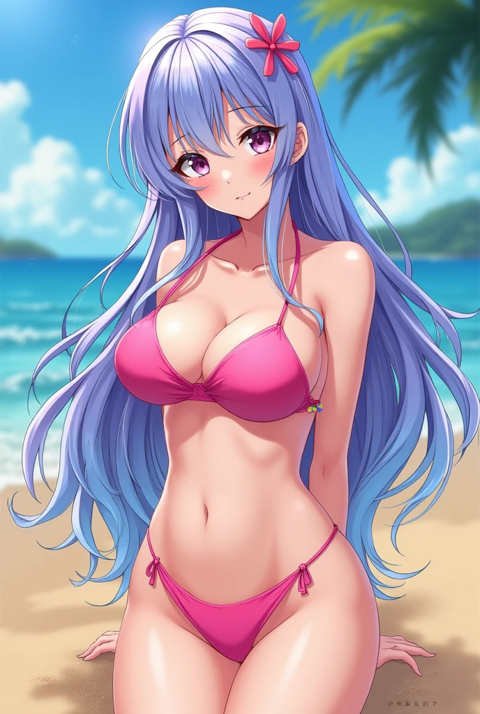 (Sky blue medium hair),(Braided hair tied together)、Pink eyes、Fair skin、(whole body)、(One Girl)、bikini、Shining white sand beach in midsummer、Okinawa&#39;s ocean、A happy smile、、(masterpiece、Highest quality、Very detailed、Best Shadow)、(Detailed Background)、(Beautifully detailed face)、High contrast、(Best lighting、Very delicate and beautiful)、((Cinematic Light))、colorful、Hyper Detail、Dramatic Light、Exquisite detail、Standing with your legs apart