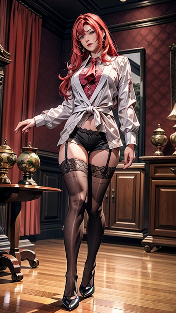 Jennifer Aniston, vampire girl, very curly red hair, gothic clothes, pantyhose, high heels, sun shiny day