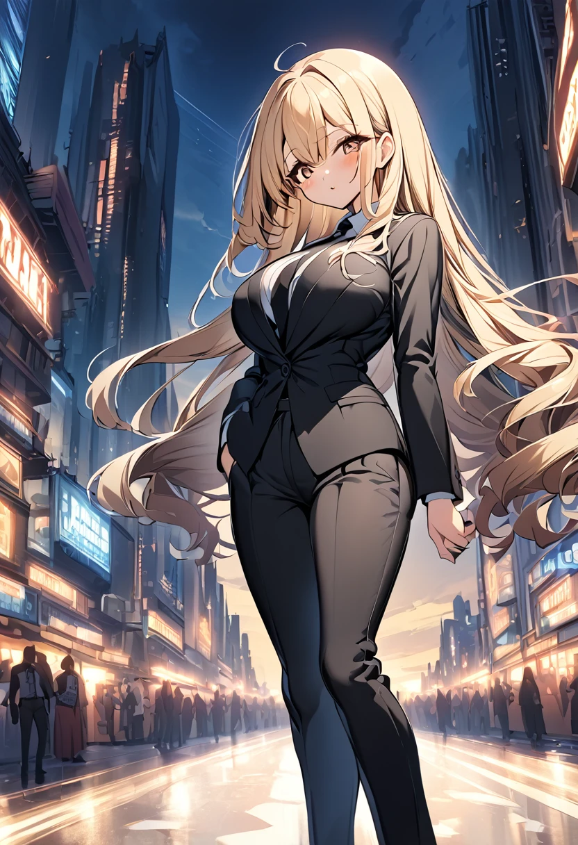 One girl　cute　Anime Style　Anime Face　Anime Style　Beauty　Big Breasts　Black pants suit　Black colored shirt　Black color tie　Blonde Straight　long hair