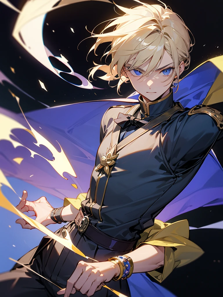 Anime attractive man, 20 year old, blonde hair, very very short ponytail, tall, muscular, solo, one person, dark purple, gold-accented, high-collared dress shirt with a chest window in the shape of a spade and black choker, over it a dark blazer with gold lining and buttons unbuttoned on his chest area, along with a long dark overcoat with a fur trim which has roulette wheel detailing on the back and sleeve cuffs rolled up near to his elbows.