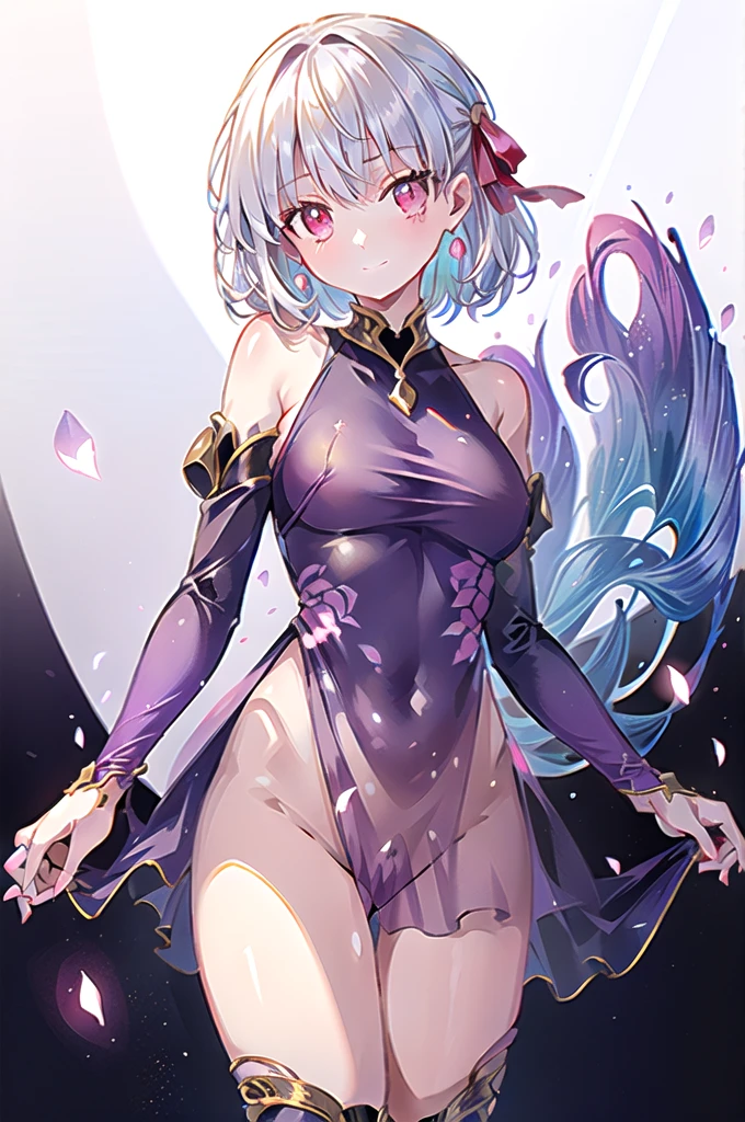 1girl,solo,cowboy shot,slender body,,short stature,standing,(white hair:1.2),short hair,bob cut, slightly wavy,red bow,(red eyes:1.2),(beautiful fingers),medium breasts,beautiful breasts,masterpiece,best quality,(Ultra high definition eyes:1.2),8k,(Beautiful detailed eyes:1.2),(Fine and beautiful eyes:1.2),(pretty eyes:1.2),finely detail,extremely CG, absurdres,high resolution,illustration,Detailed and beautiful outlines,finely detail,high resolution,(colorful refraction:1.4,Increase saturation:1.2),beautiful lighting,dynamic lighting,closed room,black background,simple background, smile,looking at viewer,KamaDe, (OriginalKamaOutfit),purple sheer dress, purple sleeves,purple thigh boots