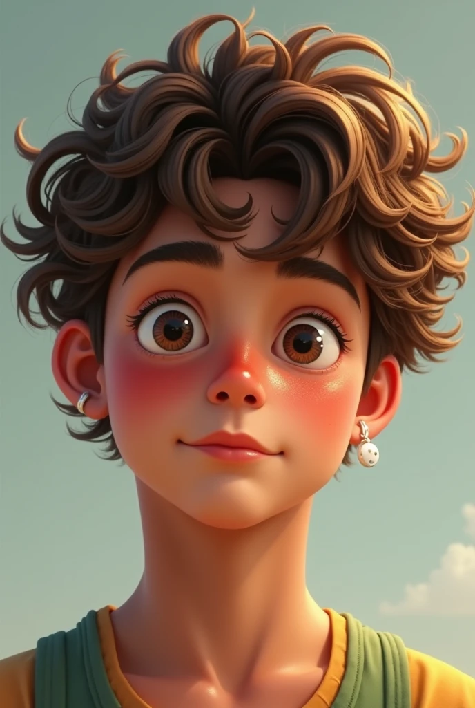 A boy with brown curly hair and blonde highlights which are long and brown eyes with tanned skin along with a white earing on his ear